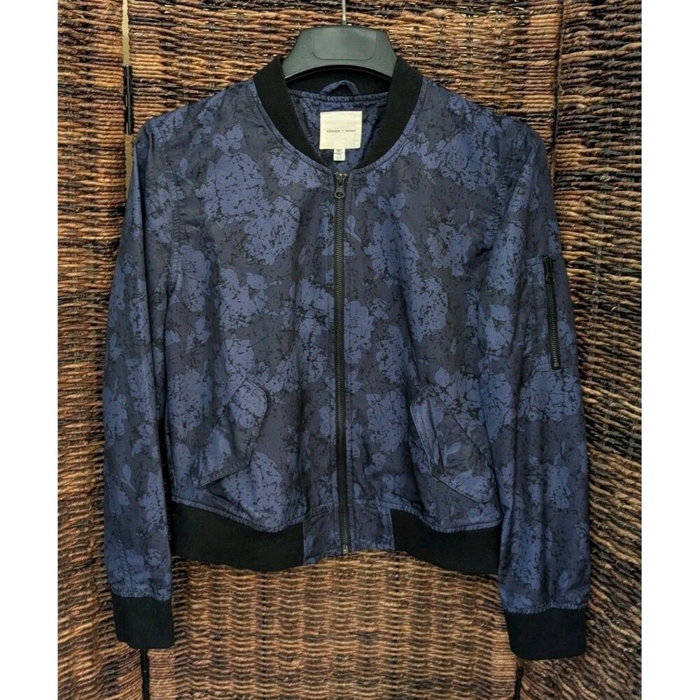Silence + Noise Bomber Jacket Womens Small Blue Black Zip Up Date Night Abstract